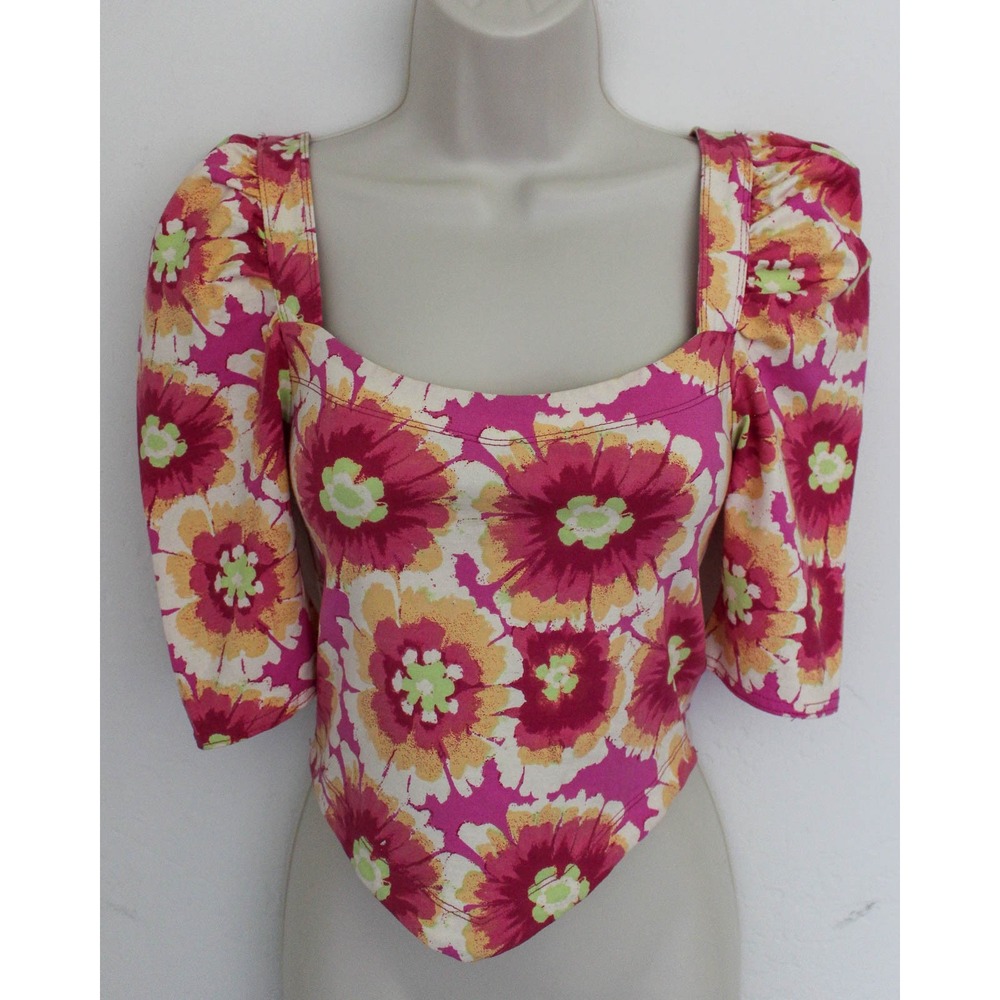 Free People Crop Top XS Pink Floral Pullover Puff Sleeve Square Neck Open Back